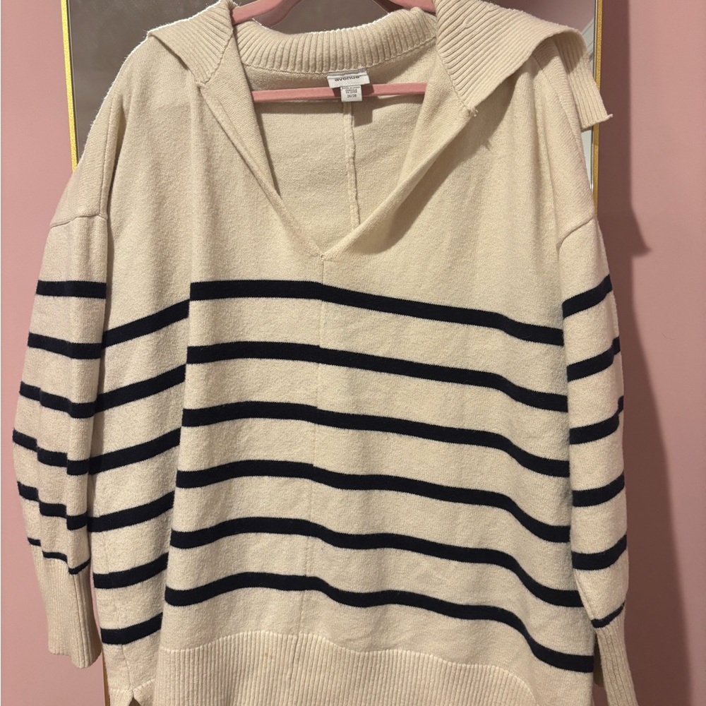 Avenue Cream and Black Striped V-Neck Sweater